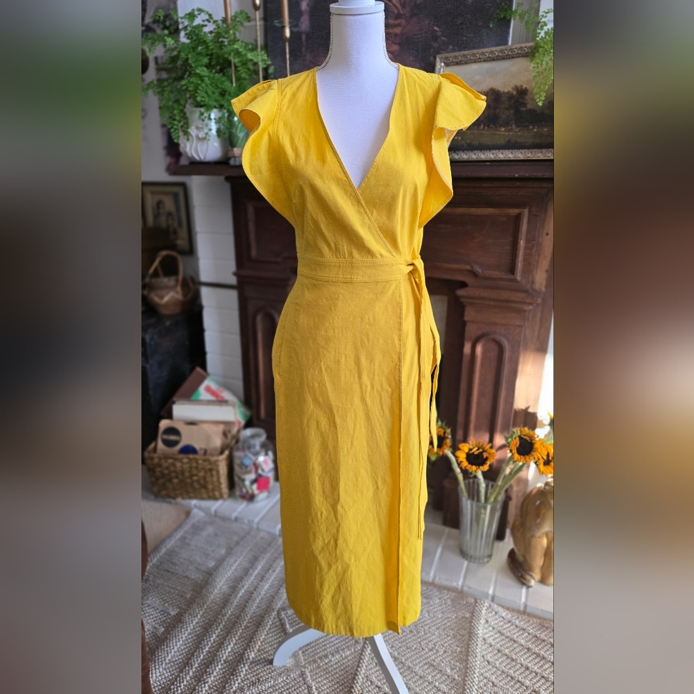 💛 A.L.C. Yellow Mustard Walker Ruffle Shoulder Belted Tie Waist Wrapped Dress 6 - Picture 2 of 12